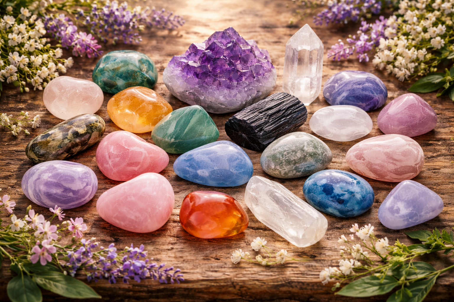 25 healing crystals and their meanings displayed together