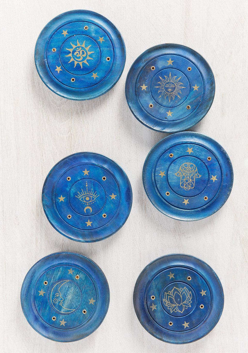 Round Blue Wooden Incense Holder Gold Print