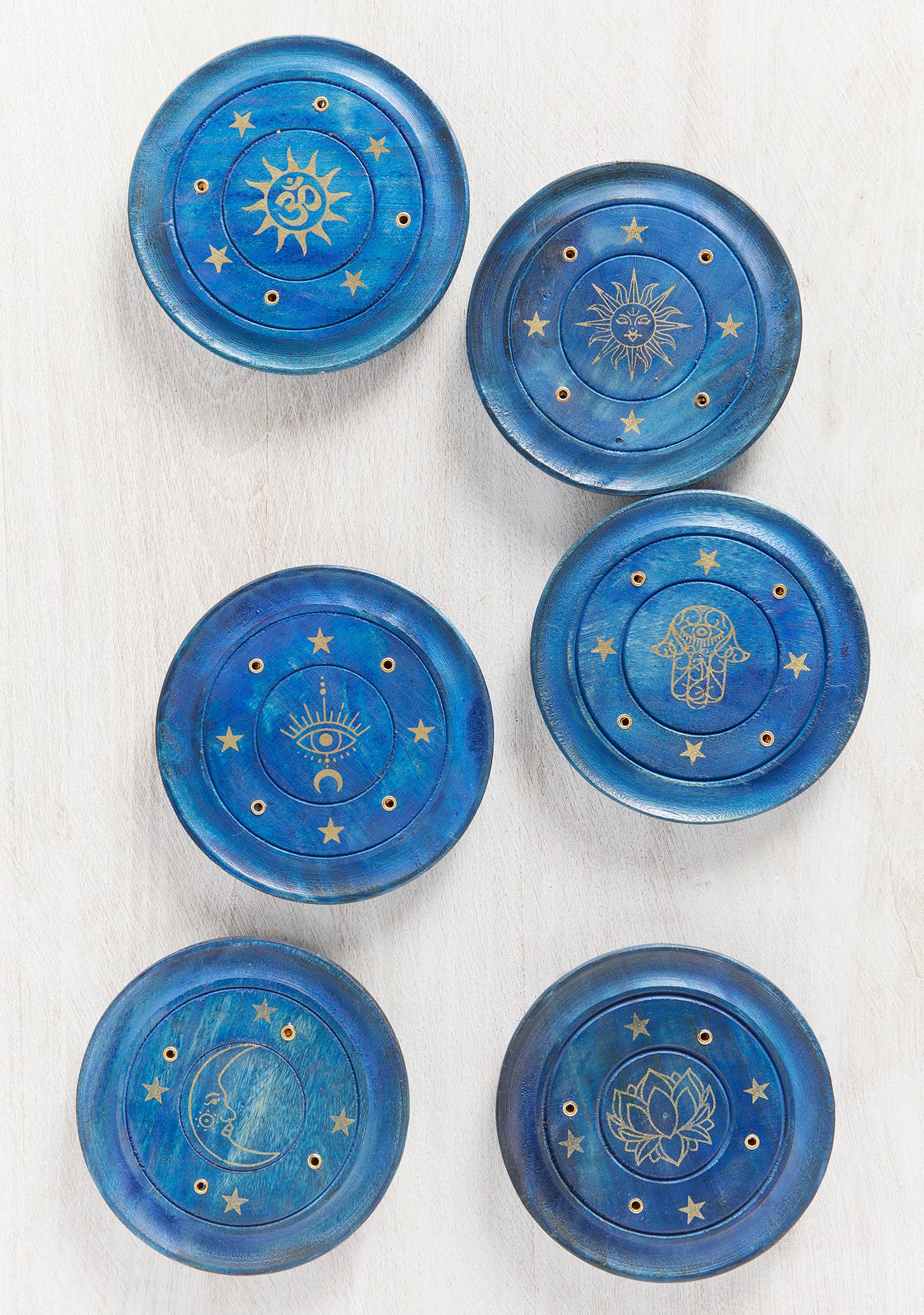 Round Blue Wooden Incense Holder Gold Print