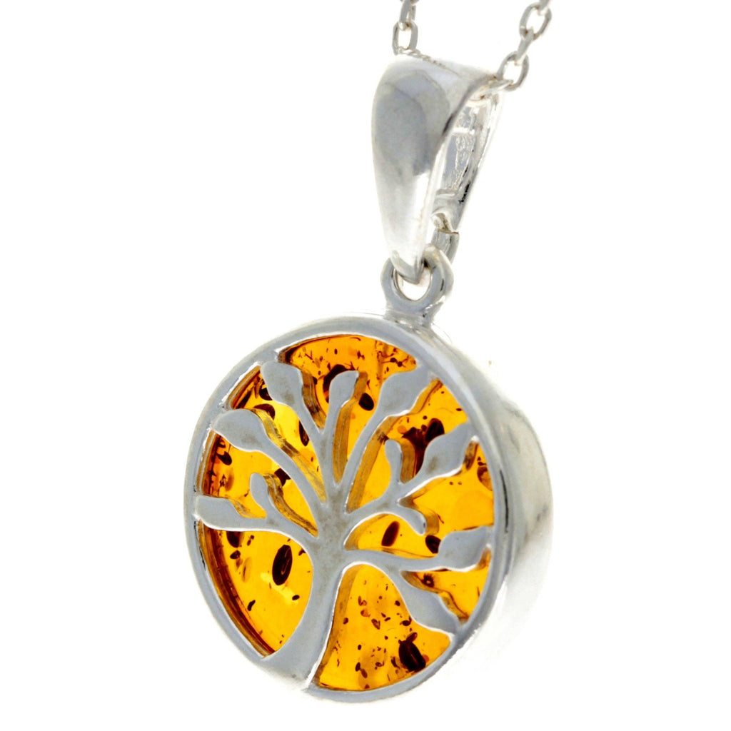925 Sterling Silver & Genuine Baltic Amber Tree of Life Pendant - GL2031: Cognac