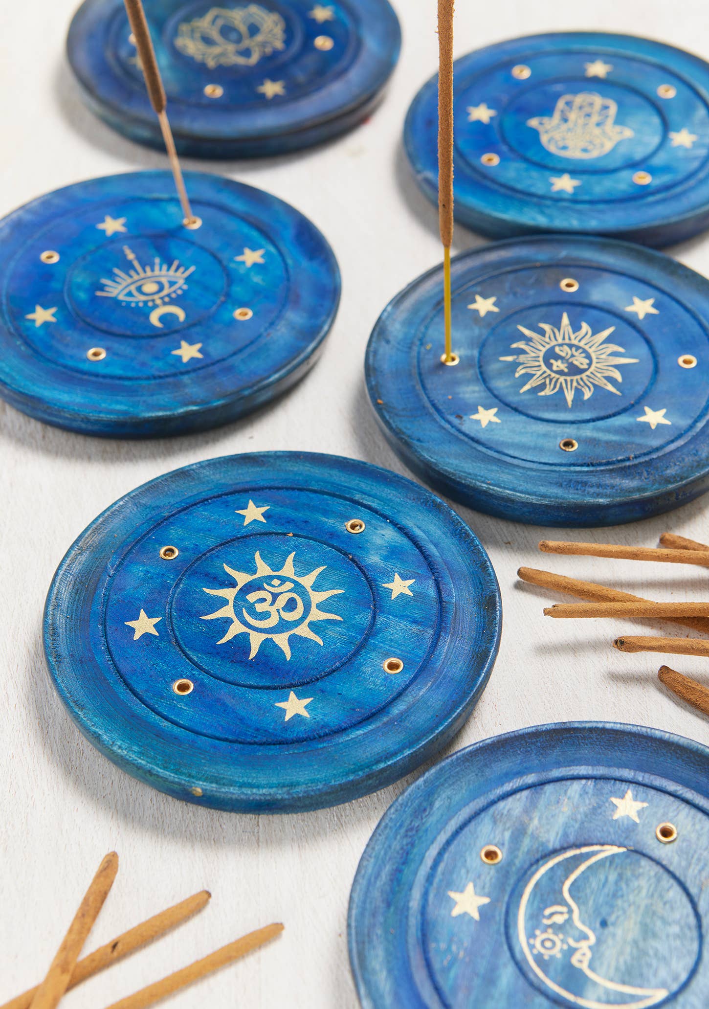 Round Blue Wooden Incense Holder Gold Print