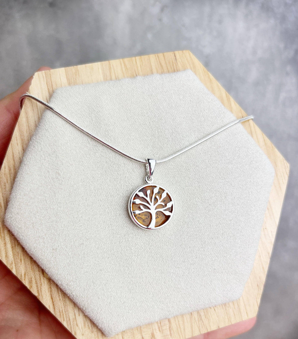 925 Sterling Silver & Genuine Baltic Amber Tree of Life Pendant - GL2031: Cognac