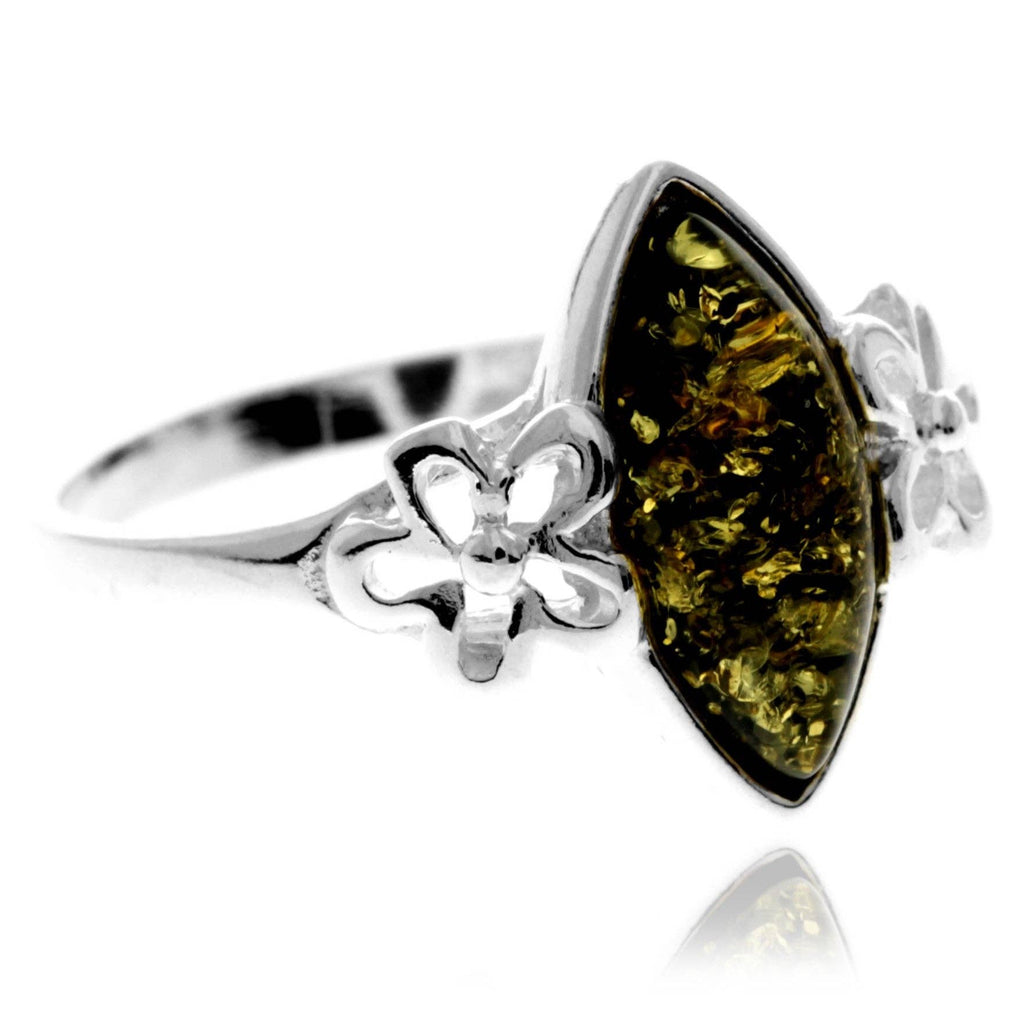 925 Sterling Silver & Genuine Baltic Amber Flower Ring - GL409: Cognac / O