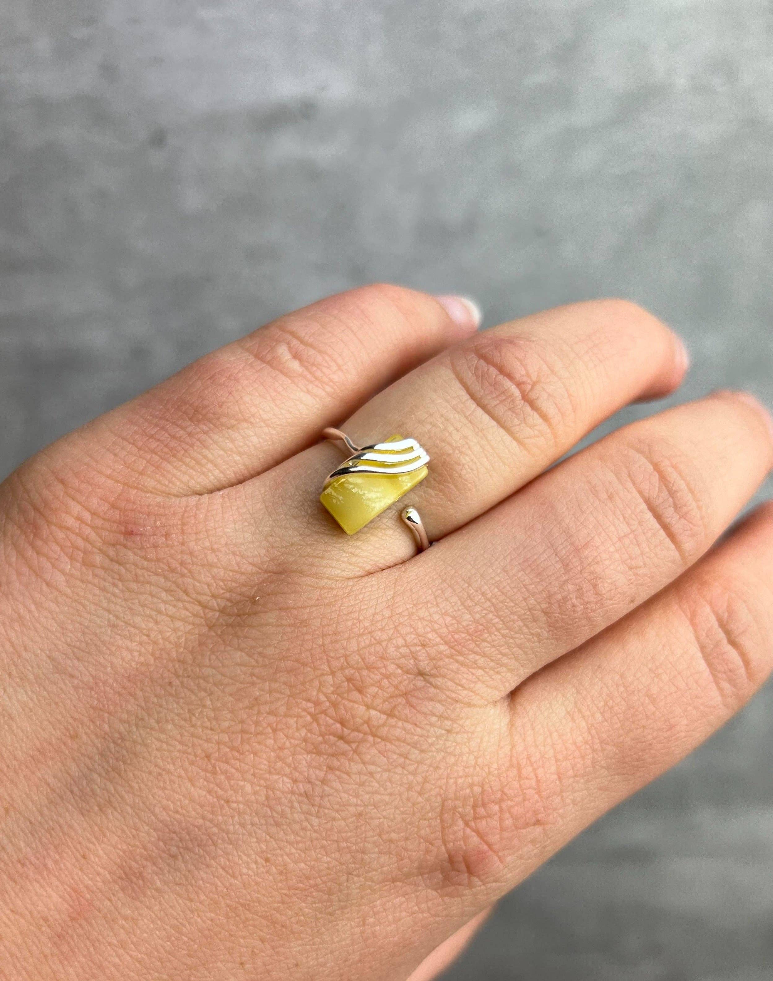 925 Sterling Silver & Genuine Baltic Amber Rectangular Modern Adjustable Ring - GL418A: Cognac