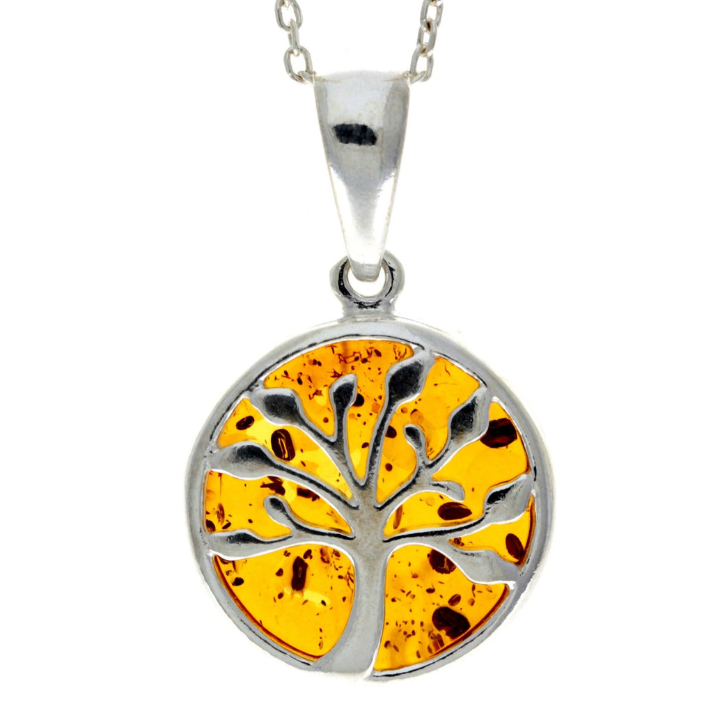 925 Sterling Silver & Genuine Baltic Amber Tree of Life Pendant - GL2031: Cognac