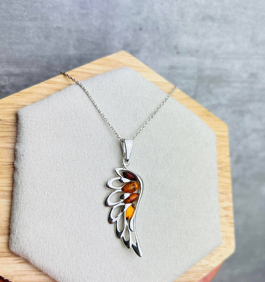 925 Sterling Silver Lucky Angel Wing with Baltic Amber - GL367: Cognac