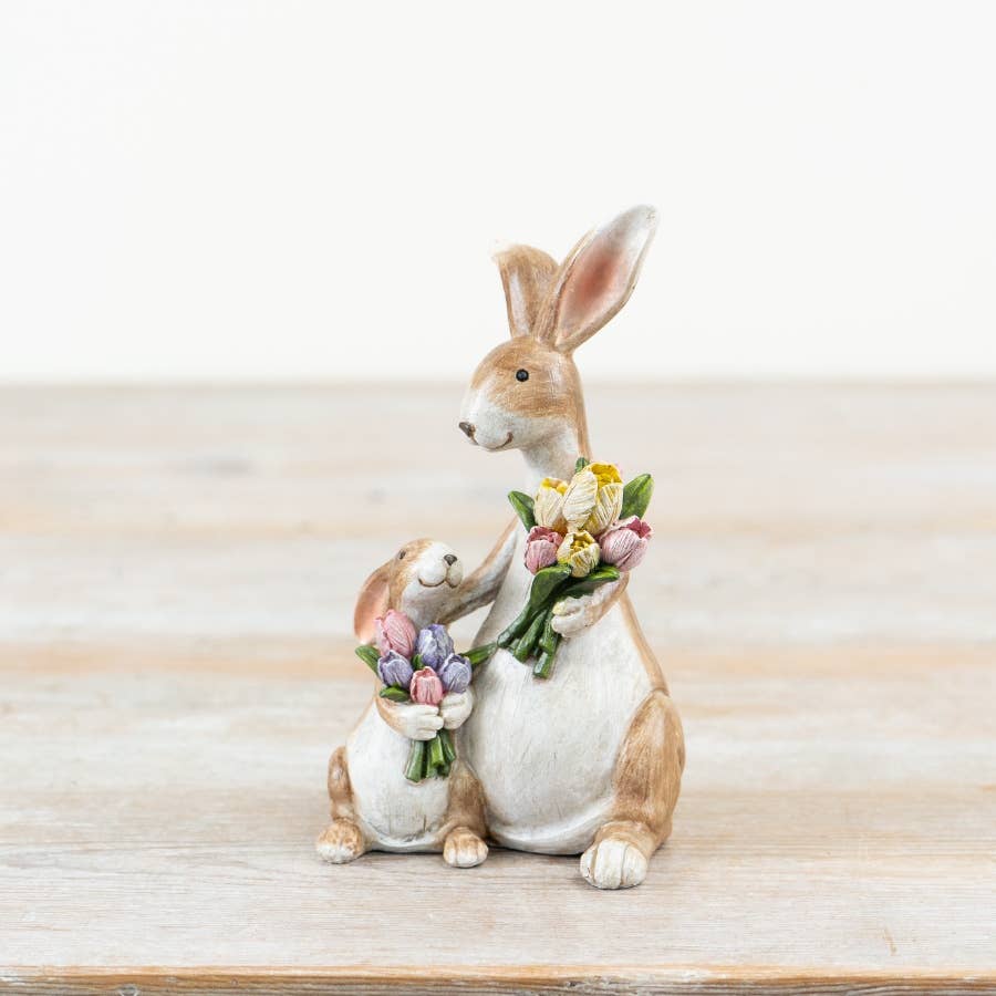 Mum & Baby Rabbit w Flowers Deco, 14cm