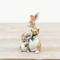 Mum & Baby Rabbit w Flowers Deco, 14cm