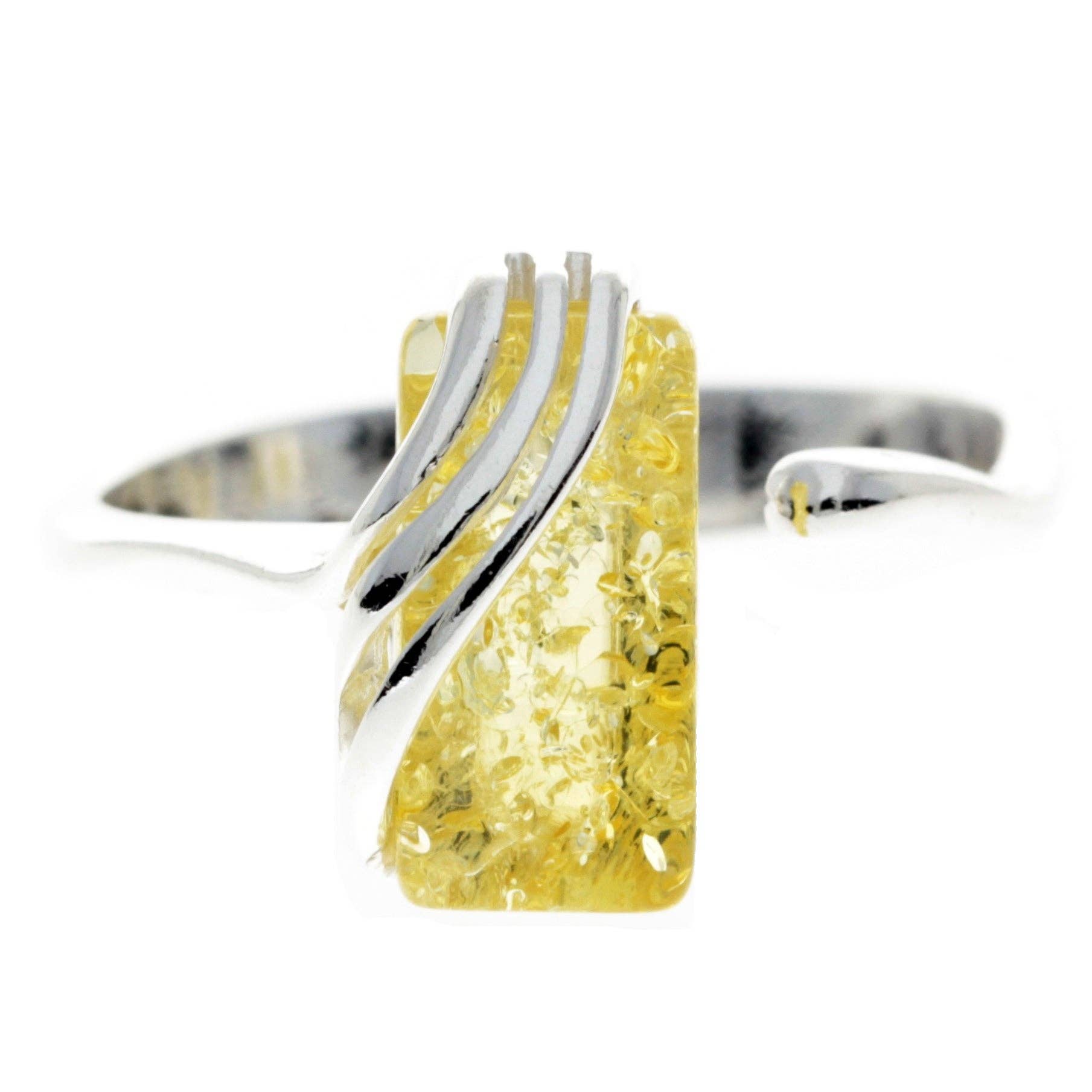 925 Sterling Silver & Genuine Baltic Amber Rectangular Modern Adjustable Ring - GL418A: Cognac