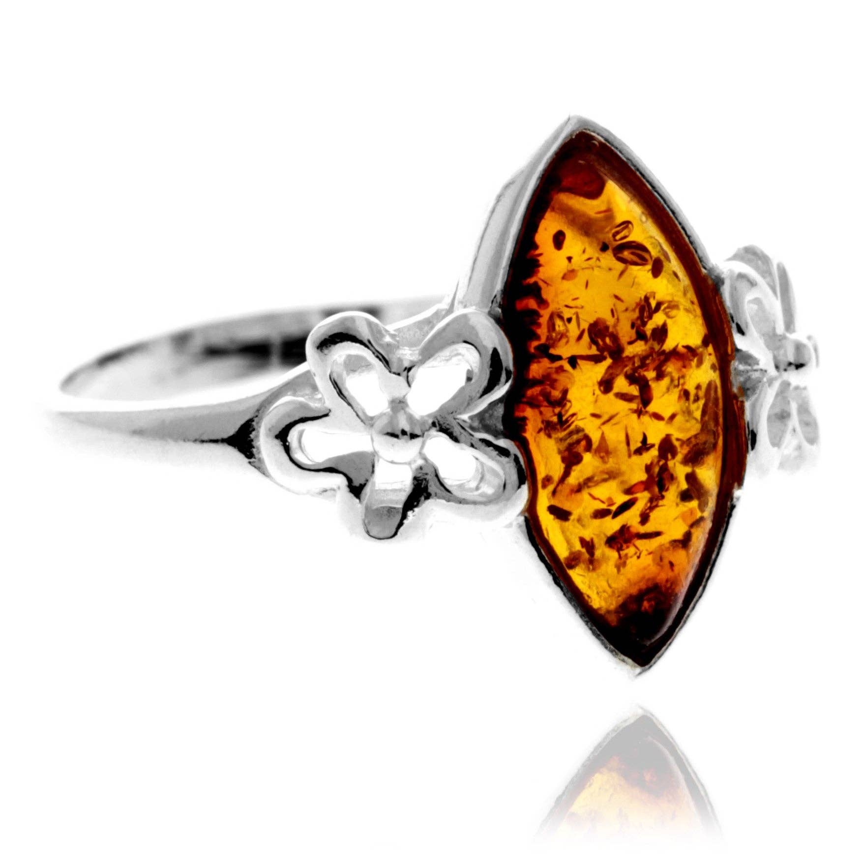 925 Sterling Silver & Genuine Baltic Amber Flower Ring - GL409: Cognac / O