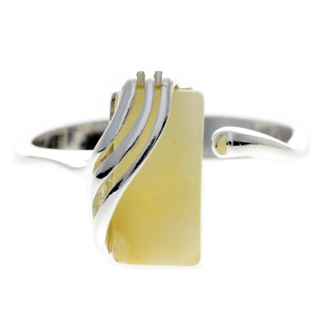 925 Sterling Silver & Genuine Baltic Amber Rectangular Modern Adjustable Ring - GL418A: Cognac
