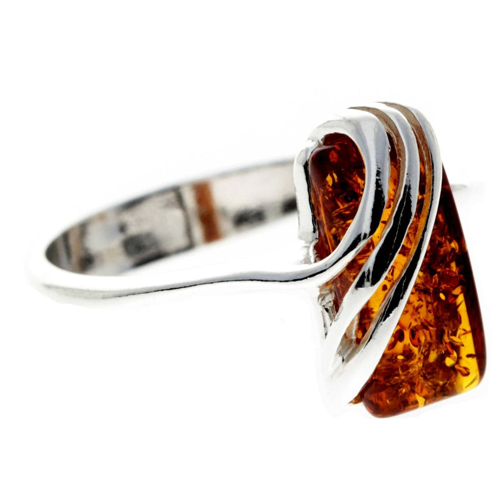925 Sterling Silver & Genuine Baltic Amber Rectangular Modern Adjustable Ring - GL418A: Cognac