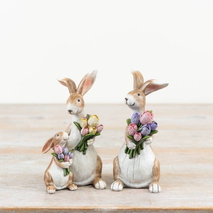 Mum & Baby Rabbit w Flowers Deco, 14cm