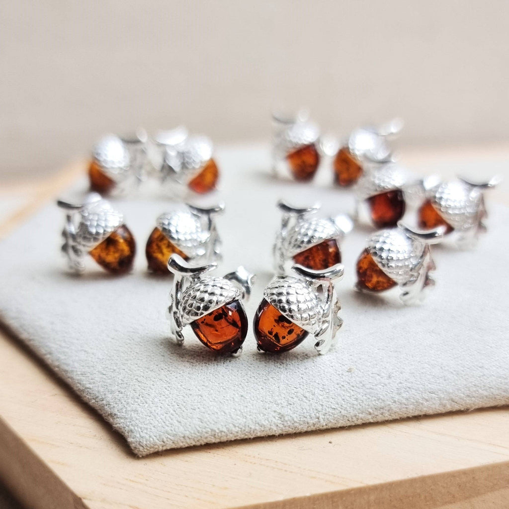 925 Sterling Silver & Baltic Amber Modern Acorn Studs Earrings - GL1047: Cognac
