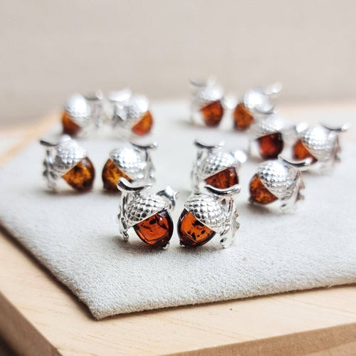 925 Sterling Silver & Baltic Amber Modern Acorn Studs Earrings - GL1047: Cognac
