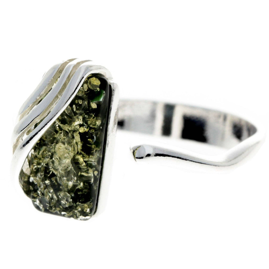 925 Sterling Silver & Genuine Baltic Amber Rectangular Modern Adjustable Ring - GL418A: Cognac