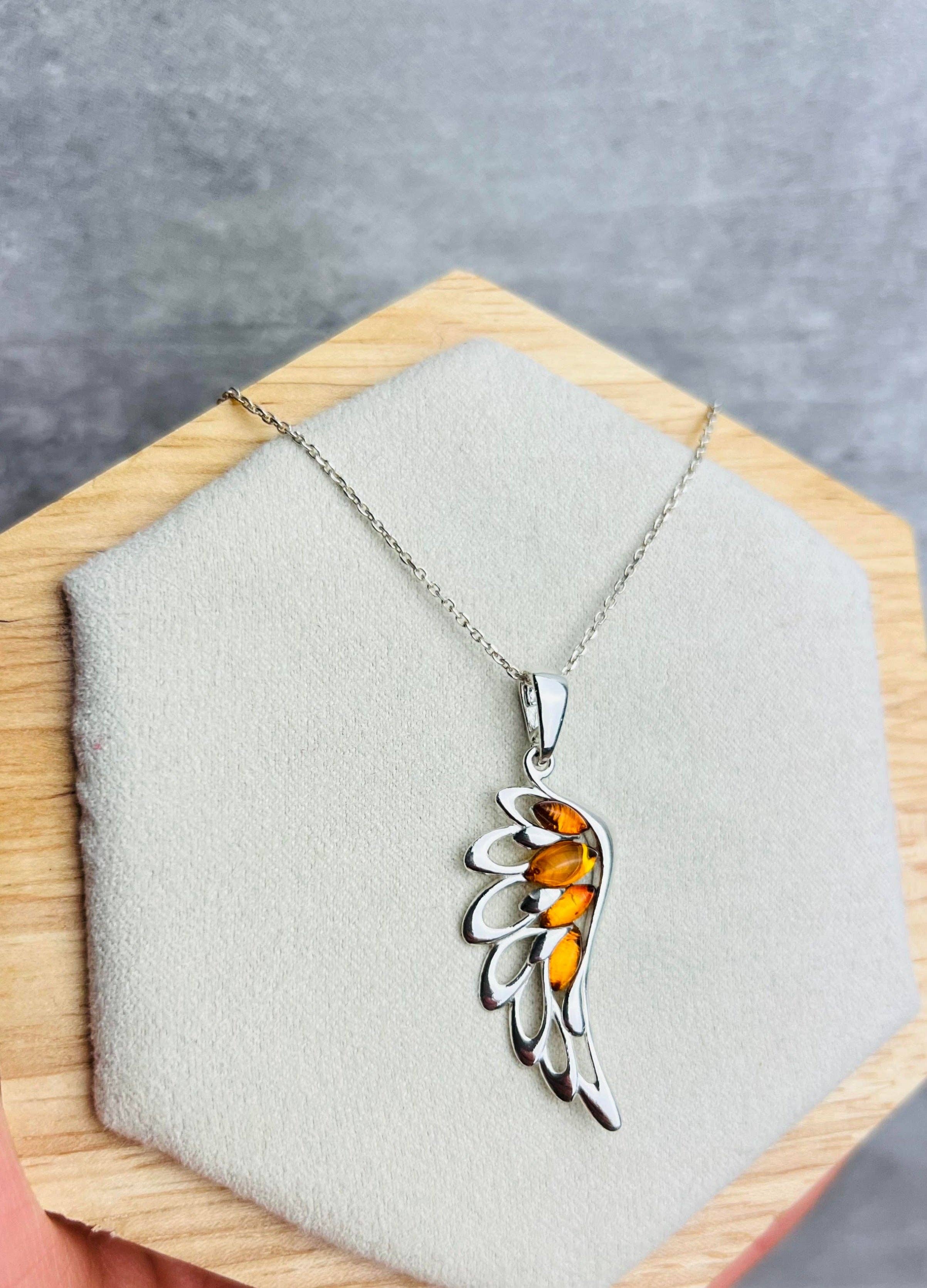 925 Sterling Silver Lucky Angel Wing with Baltic Amber - GL367: Cognac
