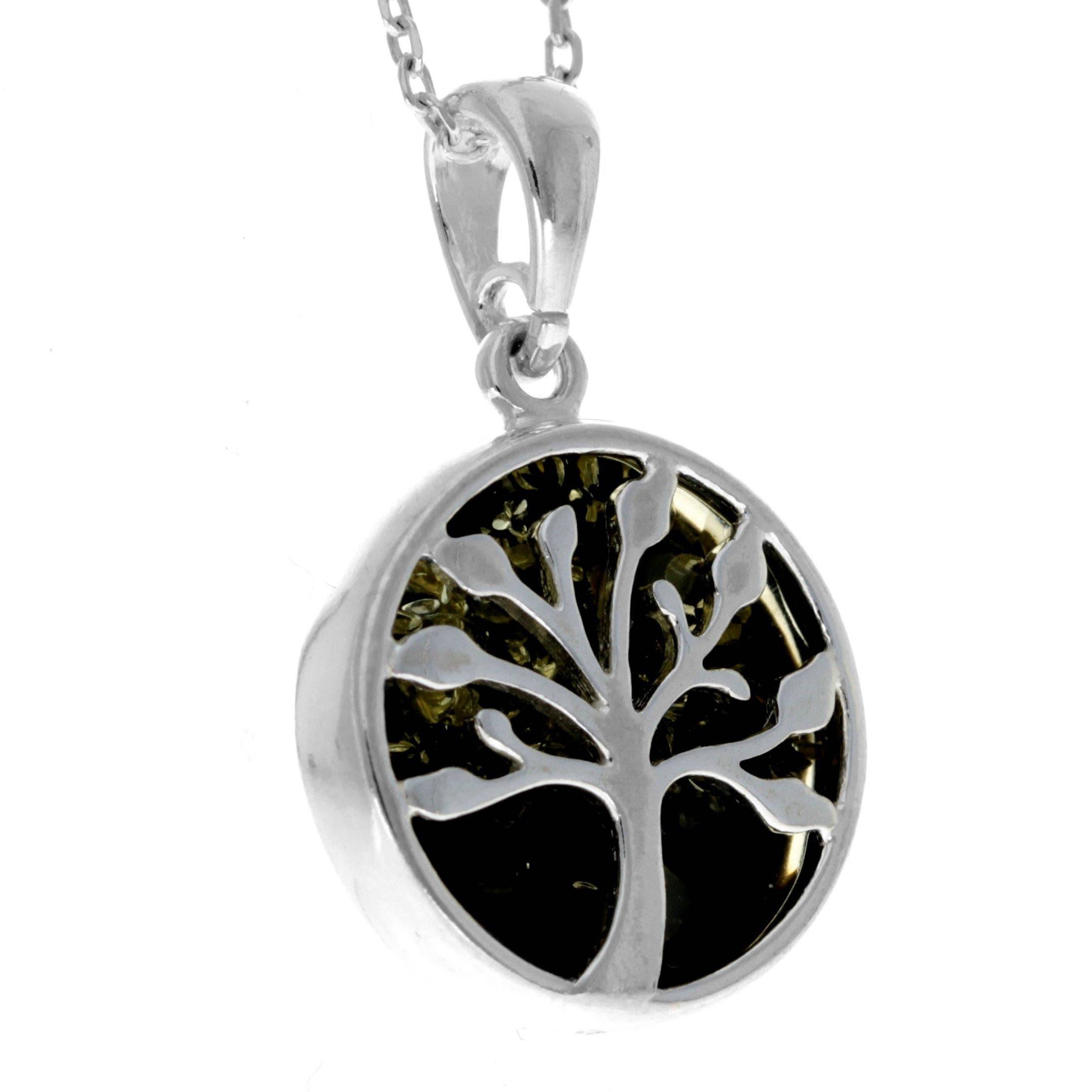 925 Sterling Silver & Genuine Baltic Amber Tree of Life Pendant - GL2031: Cognac
