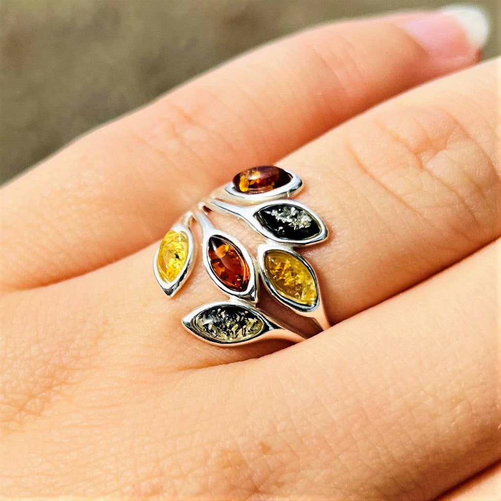 925 Sterling Silver & Baltic Amber Modern Ring - M723: Mix / N