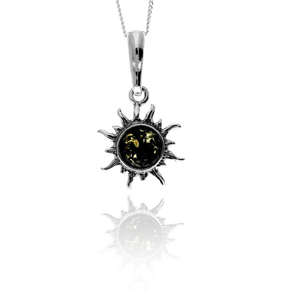 925 Sterling Silver & Genuine Baltic Amber Small Sun / Star Pendant / 784: Green