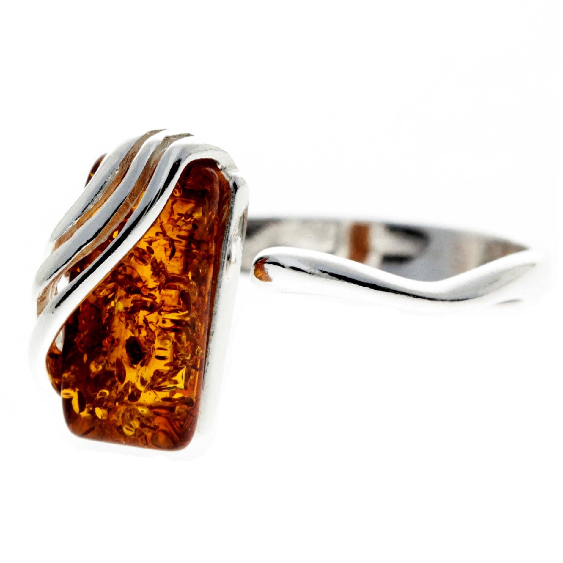 925 Sterling Silver & Genuine Baltic Amber Rectangular Modern Adjustable Ring - GL418A: Cognac