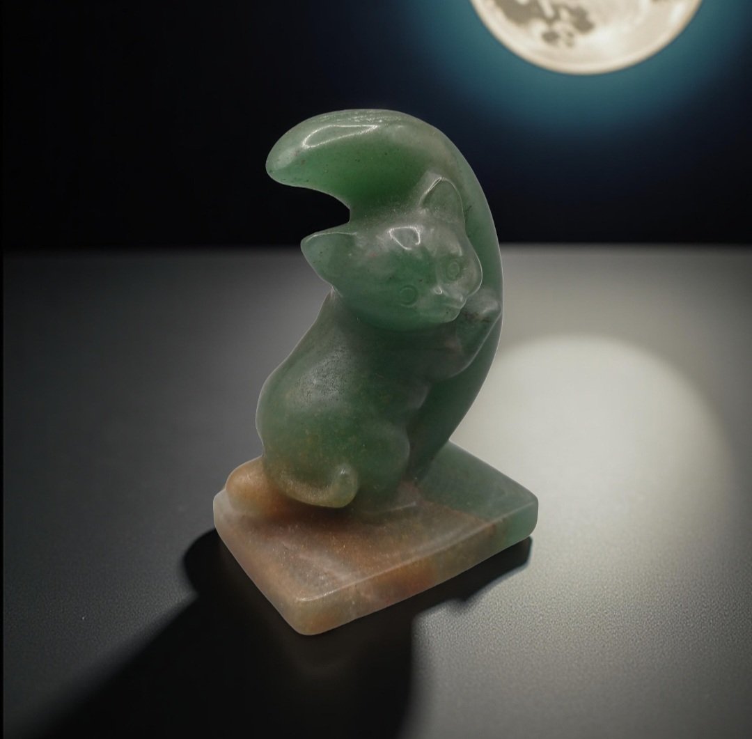 Green Aventurine Whimsical Cat in the Moon