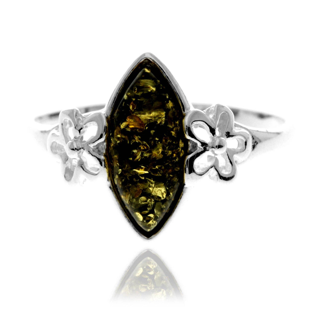 925 Sterling Silver & Genuine Baltic Amber Flower Ring - GL409: Cognac / O