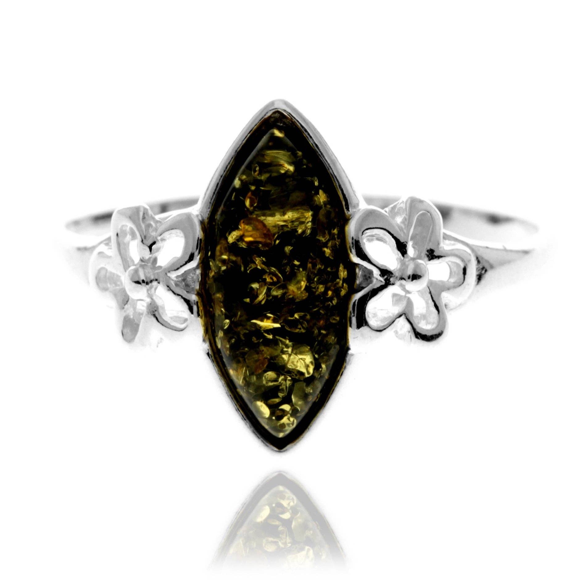 925 Sterling Silver & Genuine Baltic Amber Flower Ring - GL409: Cognac / O