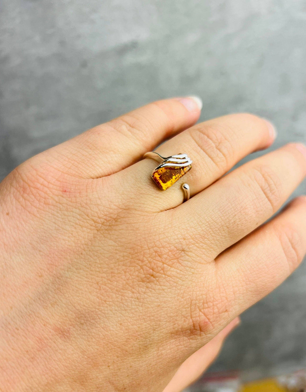 925 Sterling Silver & Genuine Baltic Amber Rectangular Modern Adjustable Ring - GL418A: Cognac