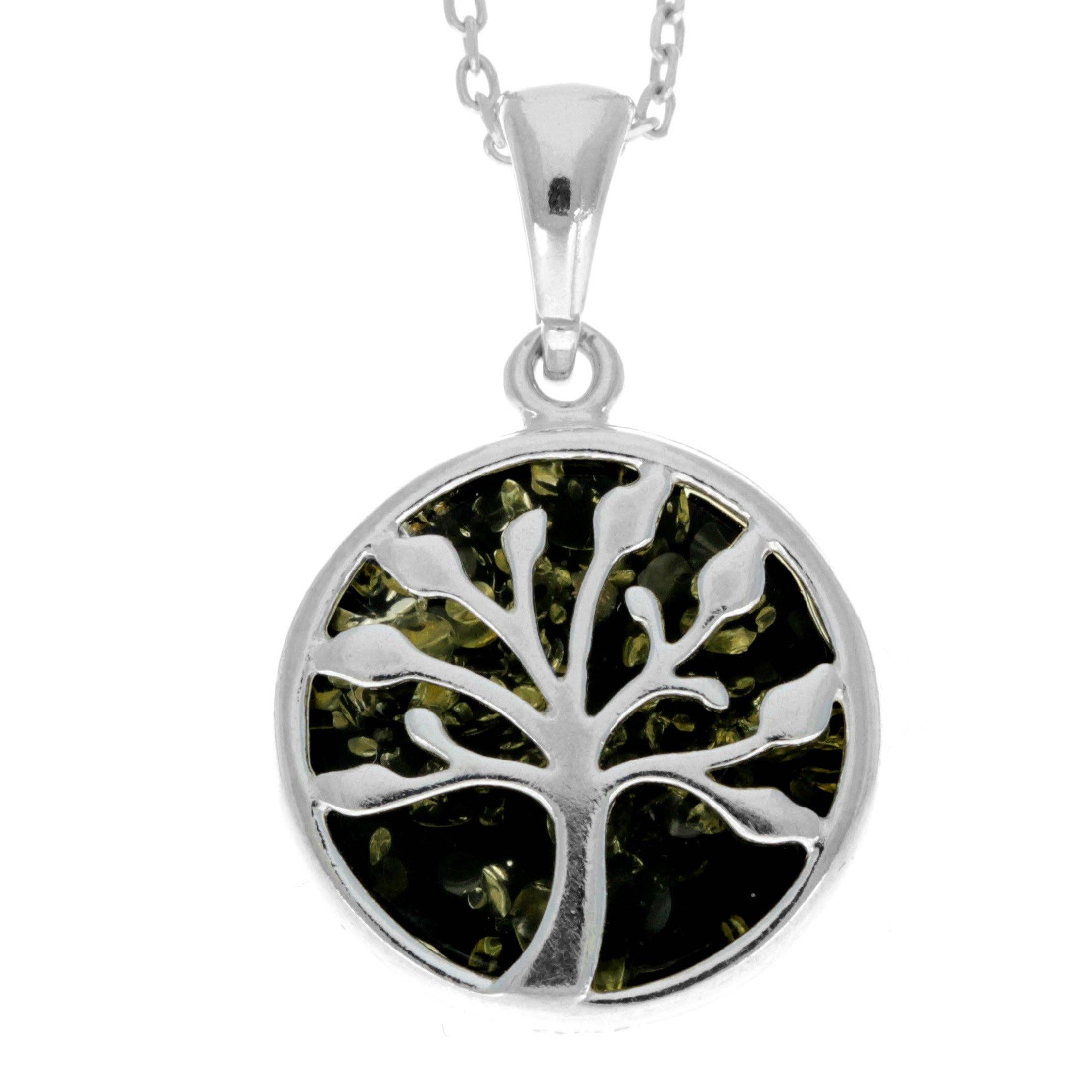 925 Sterling Silver & Genuine Baltic Amber Tree of Life Pendant - GL2031: Cognac
