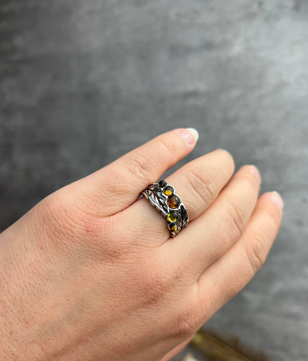 925 Sterling Silver & Genuine Baltic Amber Modern Ring - AR13: Cognac