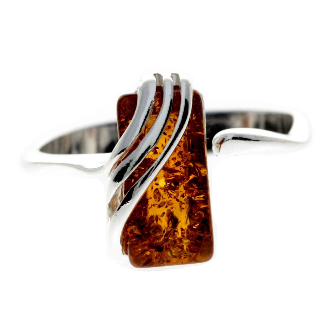 925 Sterling Silver & Genuine Baltic Amber Rectangular Modern Adjustable Ring - GL418A: Cognac