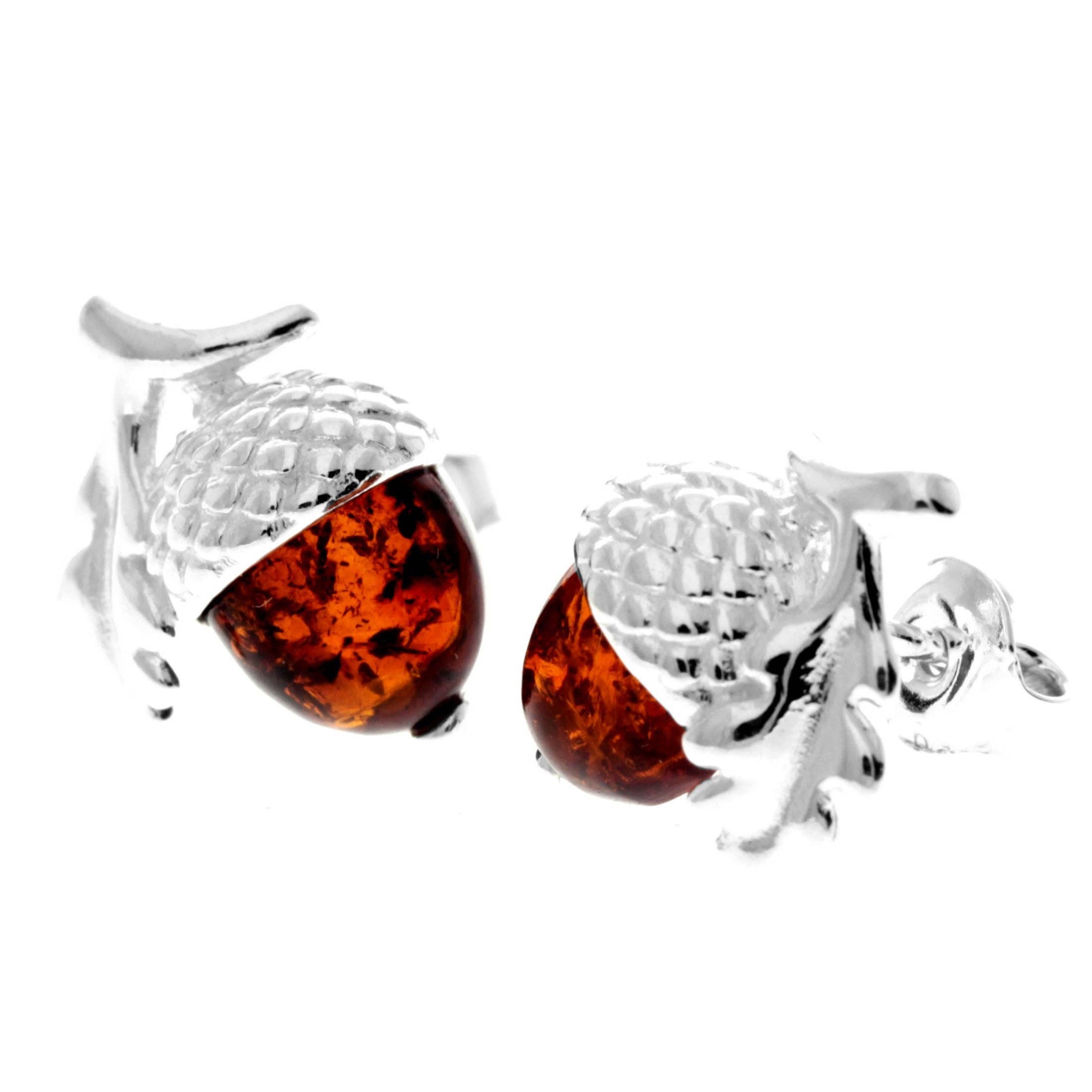 925 Sterling Silver & Baltic Amber Modern Acorn Studs Earrings - GL1047: Cognac