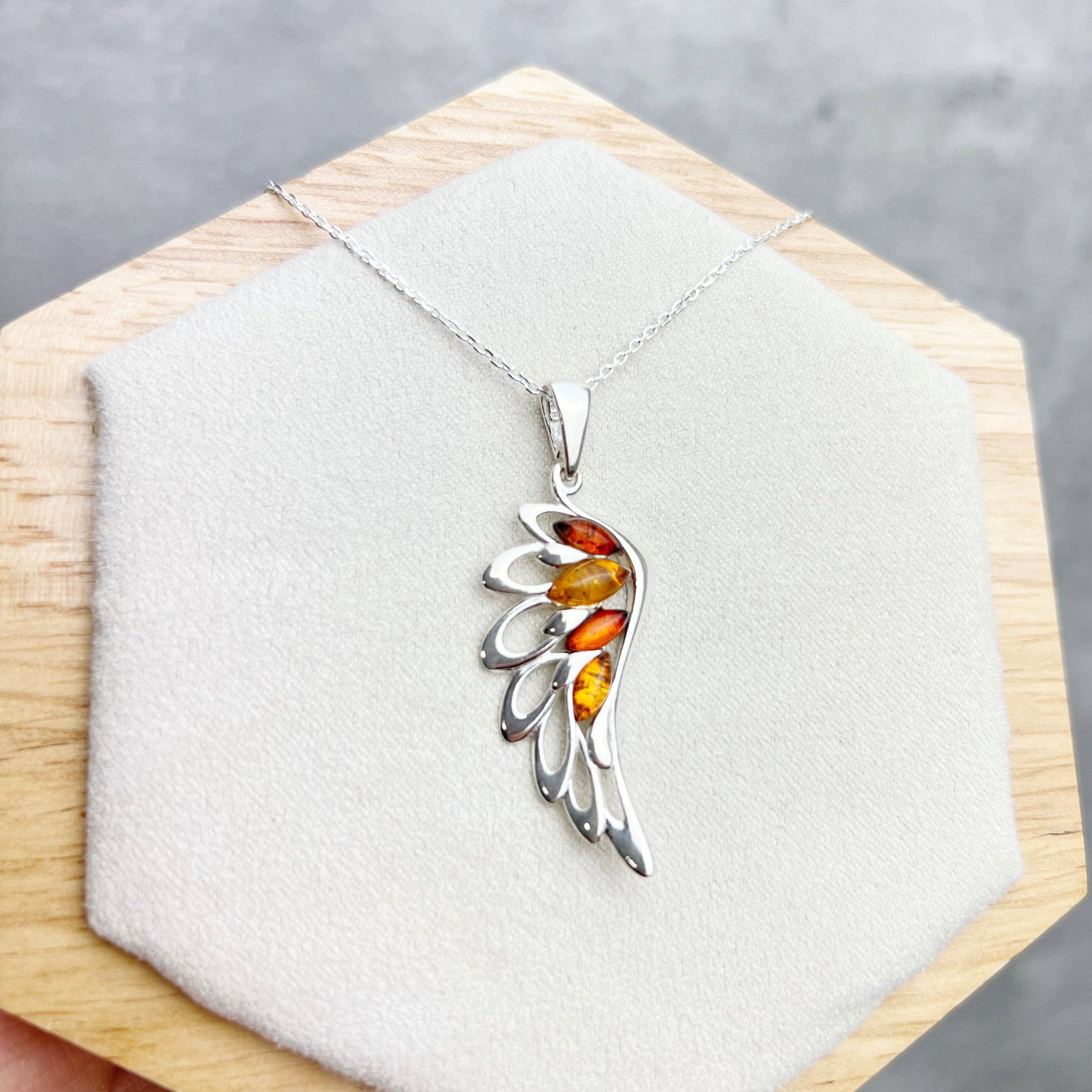 925 Sterling Silver Lucky Angel Wing with Baltic Amber - GL367: Cognac