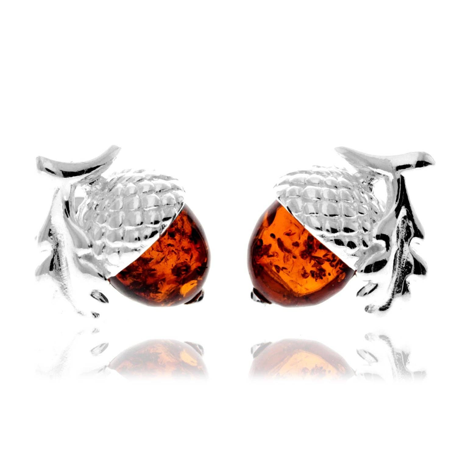 925 Sterling Silver & Baltic Amber Modern Acorn Studs Earrings - GL1047: Cognac