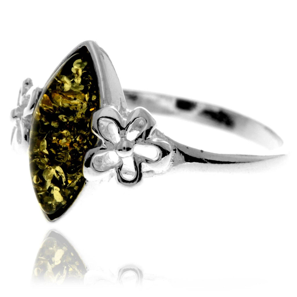925 Sterling Silver & Genuine Baltic Amber Flower Ring - GL409: Cognac / O