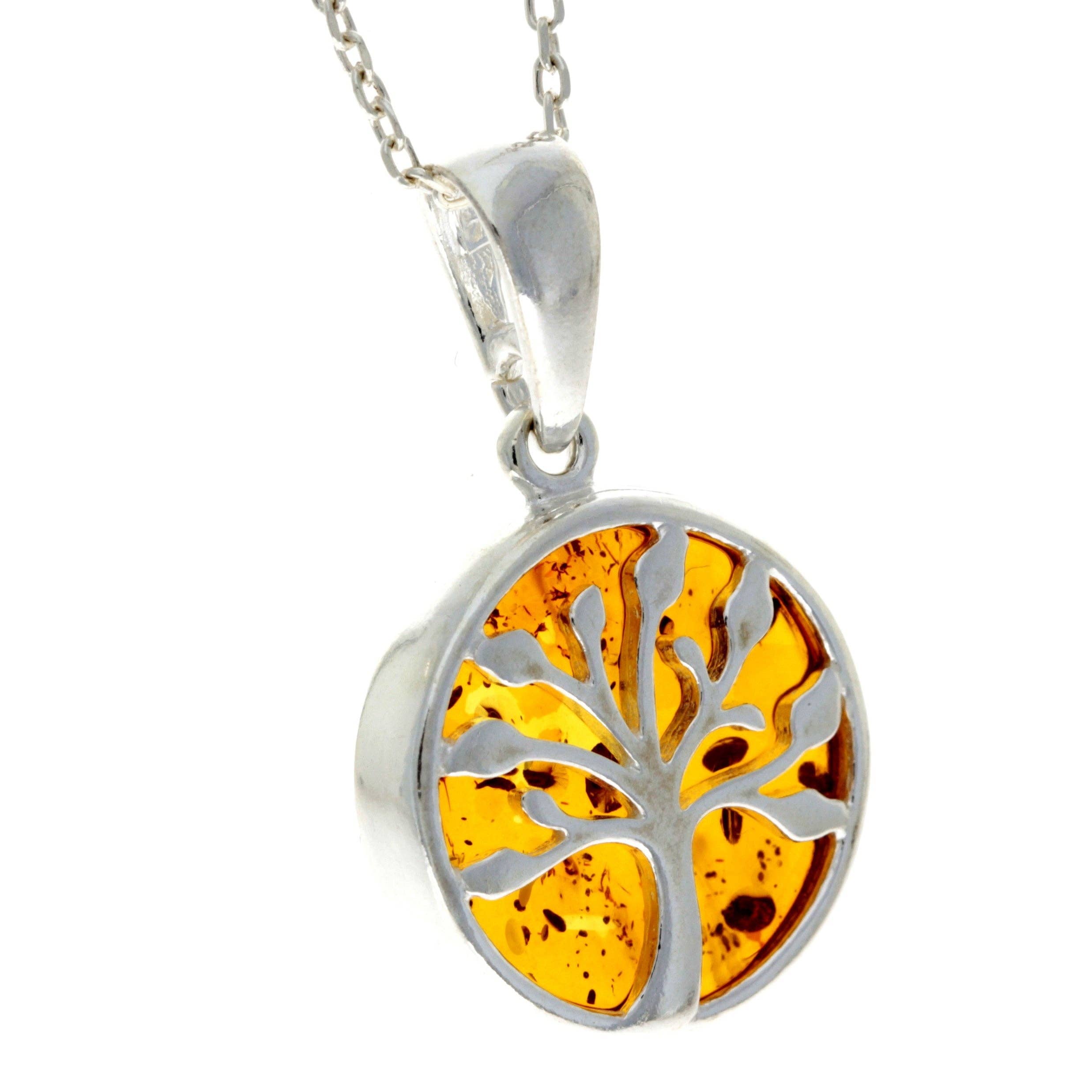 925 Sterling Silver & Genuine Baltic Amber Tree of Life Pendant - GL2031: Cognac