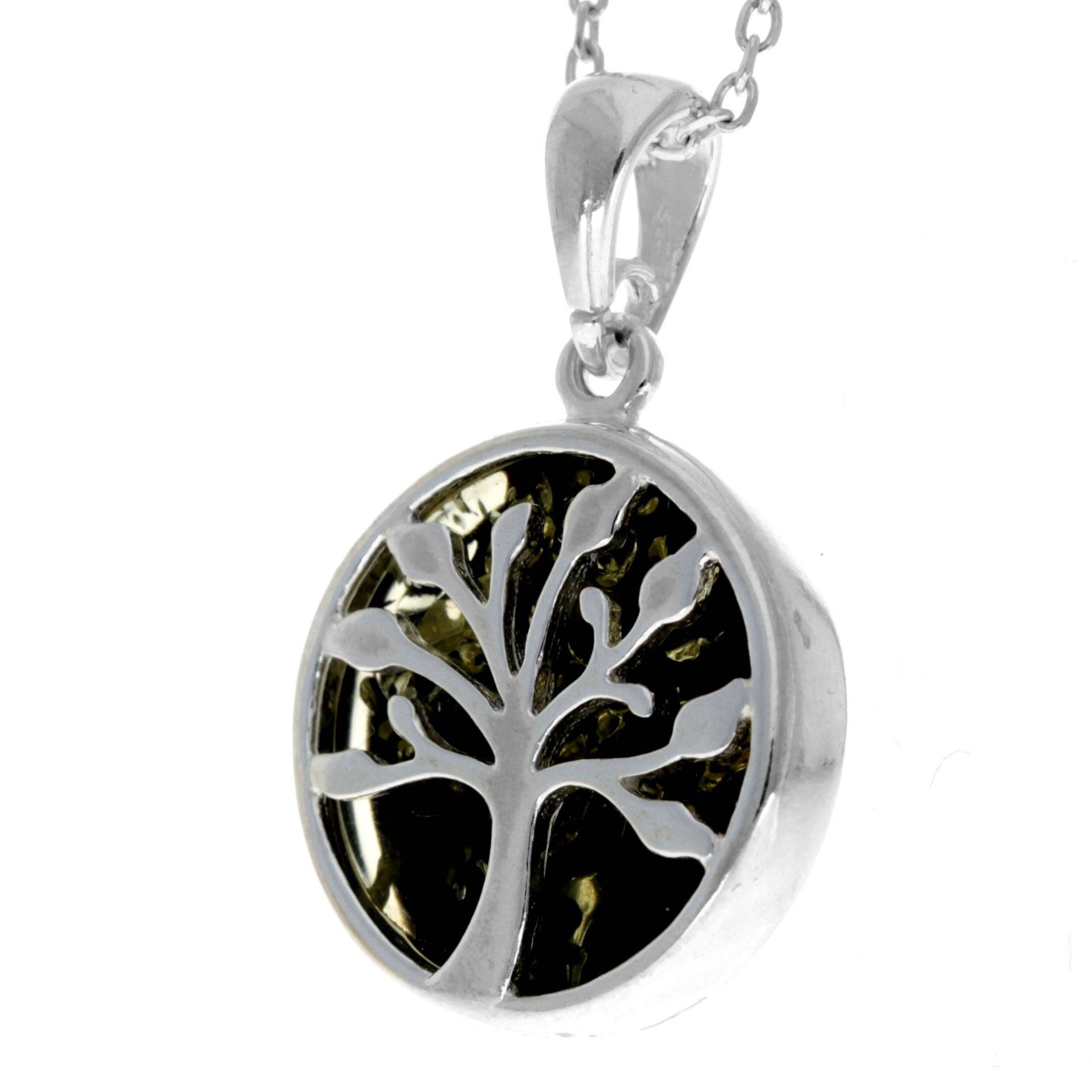 925 Sterling Silver & Genuine Baltic Amber Tree of Life Pendant - GL2031: Cognac