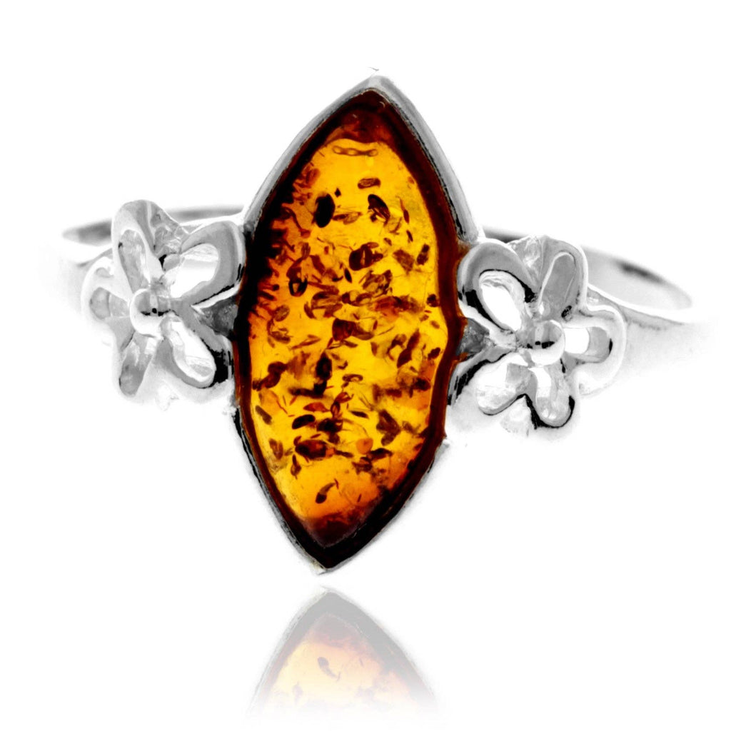 925 Sterling Silver & Genuine Baltic Amber Flower Ring - GL409: Cognac / O