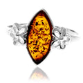 925 Sterling Silver & Genuine Baltic Amber Flower Ring - GL409: Cognac / O