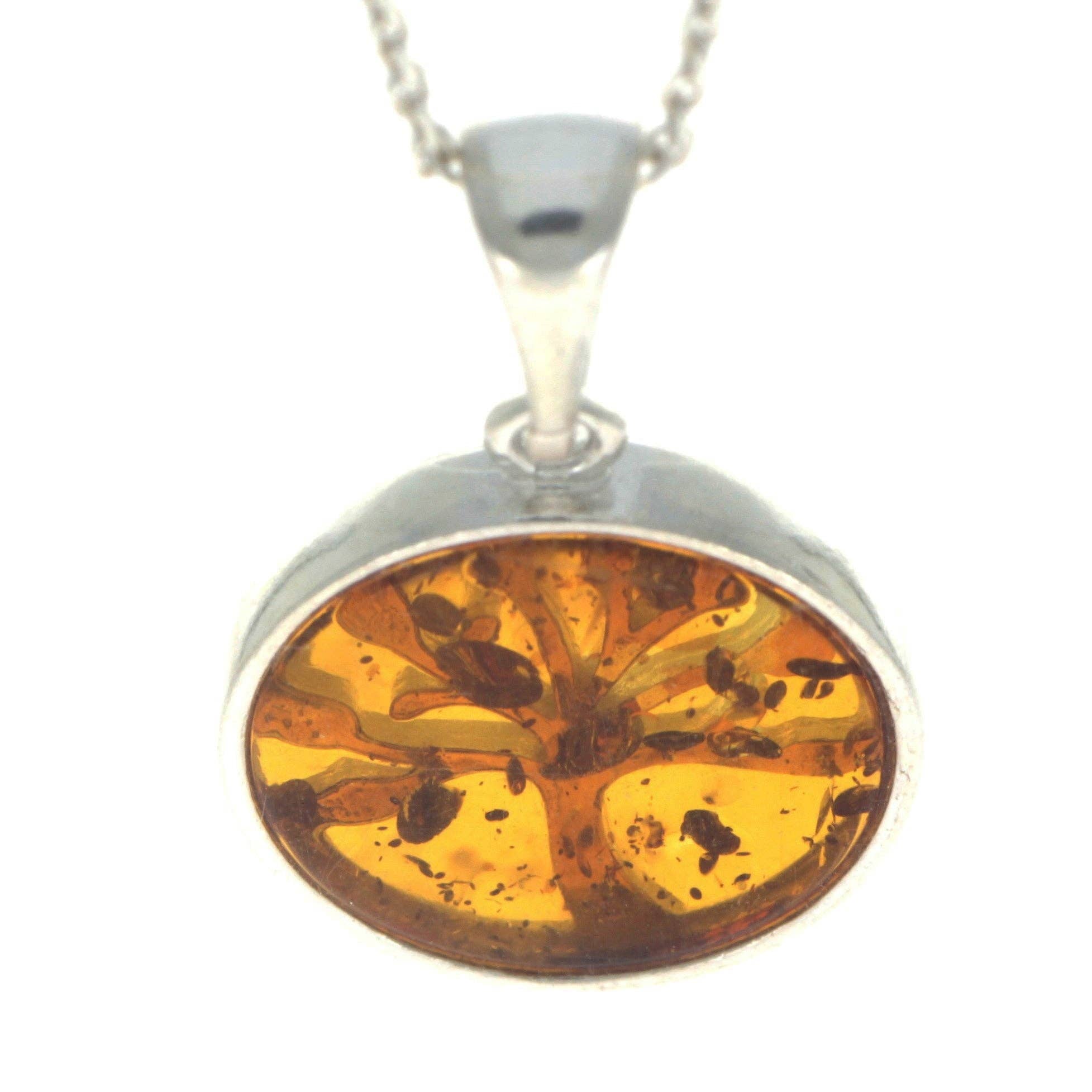 925 Sterling Silver & Genuine Baltic Amber Tree of Life Pendant - GL2031: Cognac