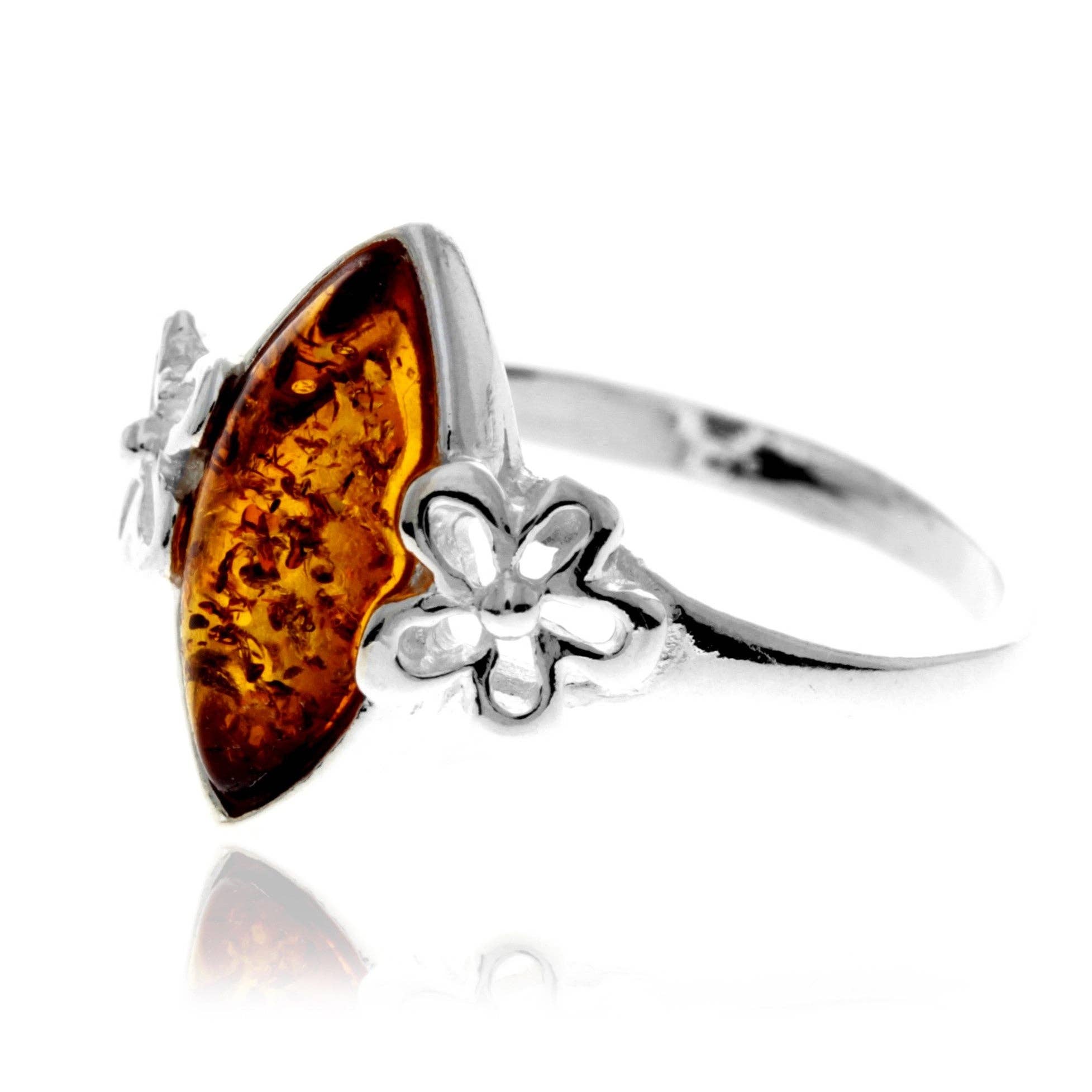 925 Sterling Silver & Genuine Baltic Amber Flower Ring - GL409: Cognac / O
