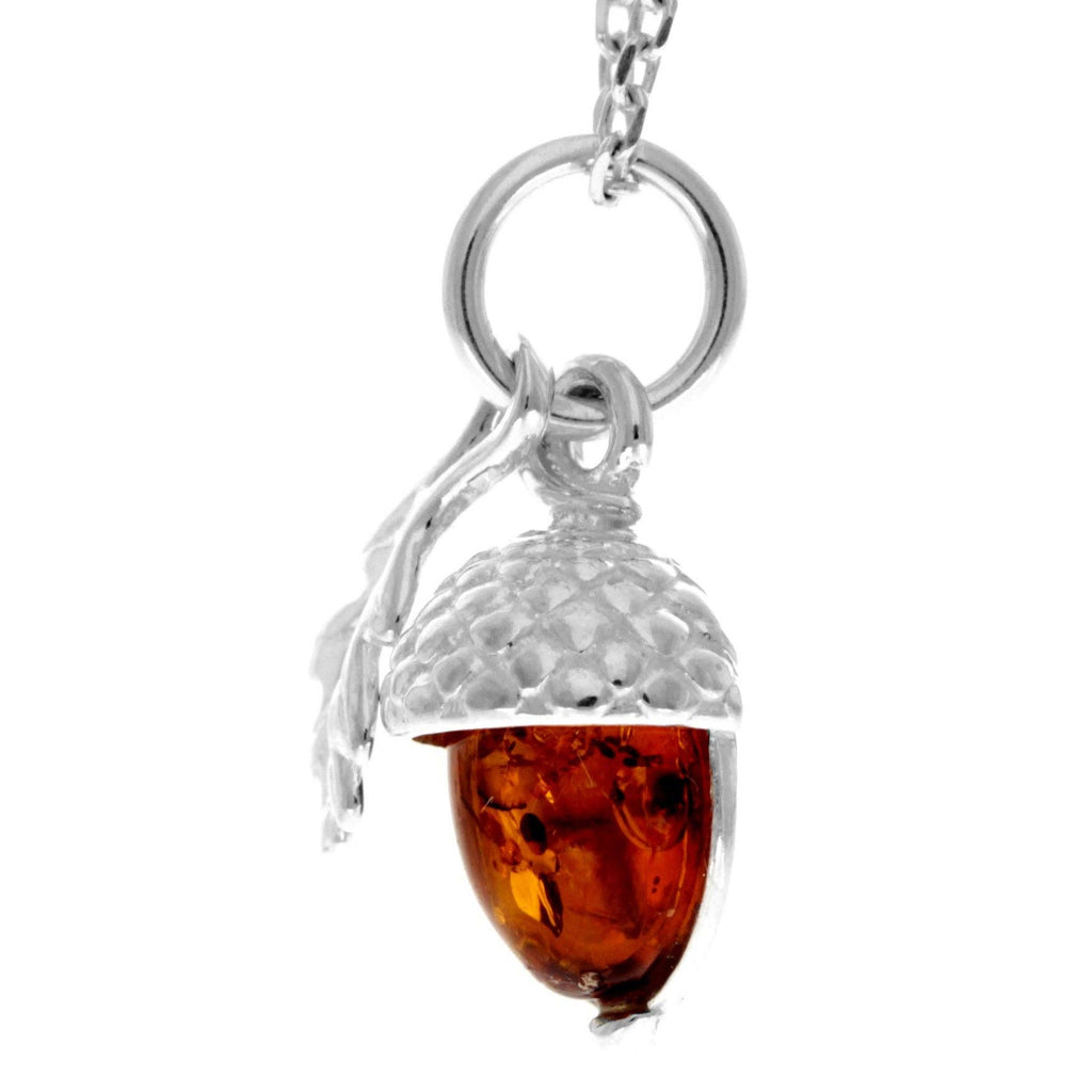925 Sterling Silver & Genuine Baltic Amber Modern Acorn Pendant - GL2041: Cognac
