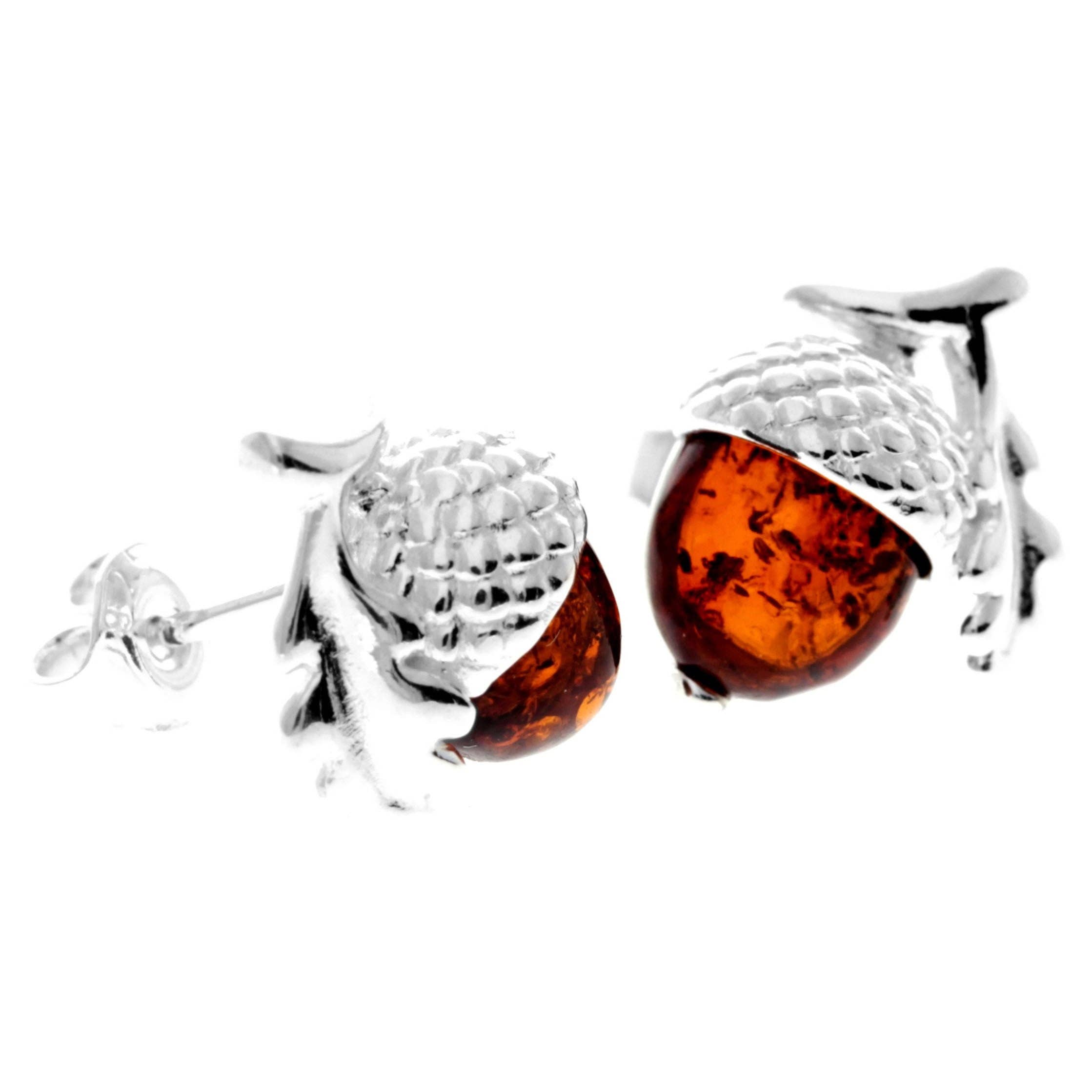 925 Sterling Silver & Baltic Amber Modern Acorn Studs Earrings - GL1047: Cognac
