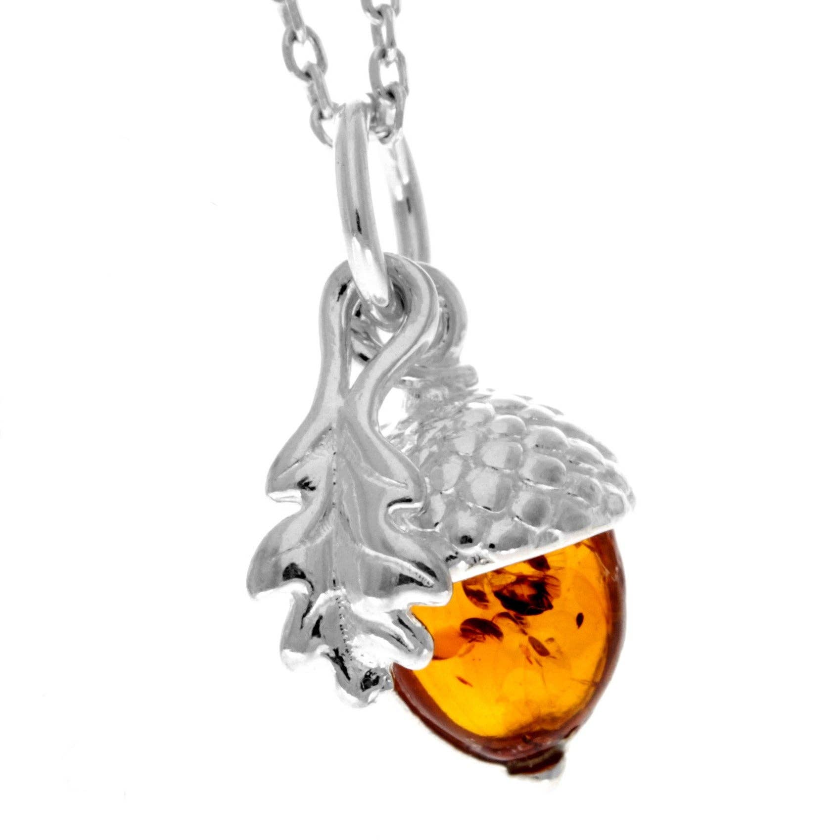 925 Sterling Silver & Genuine Baltic Amber Modern Acorn Pendant - GL2041: Cognac