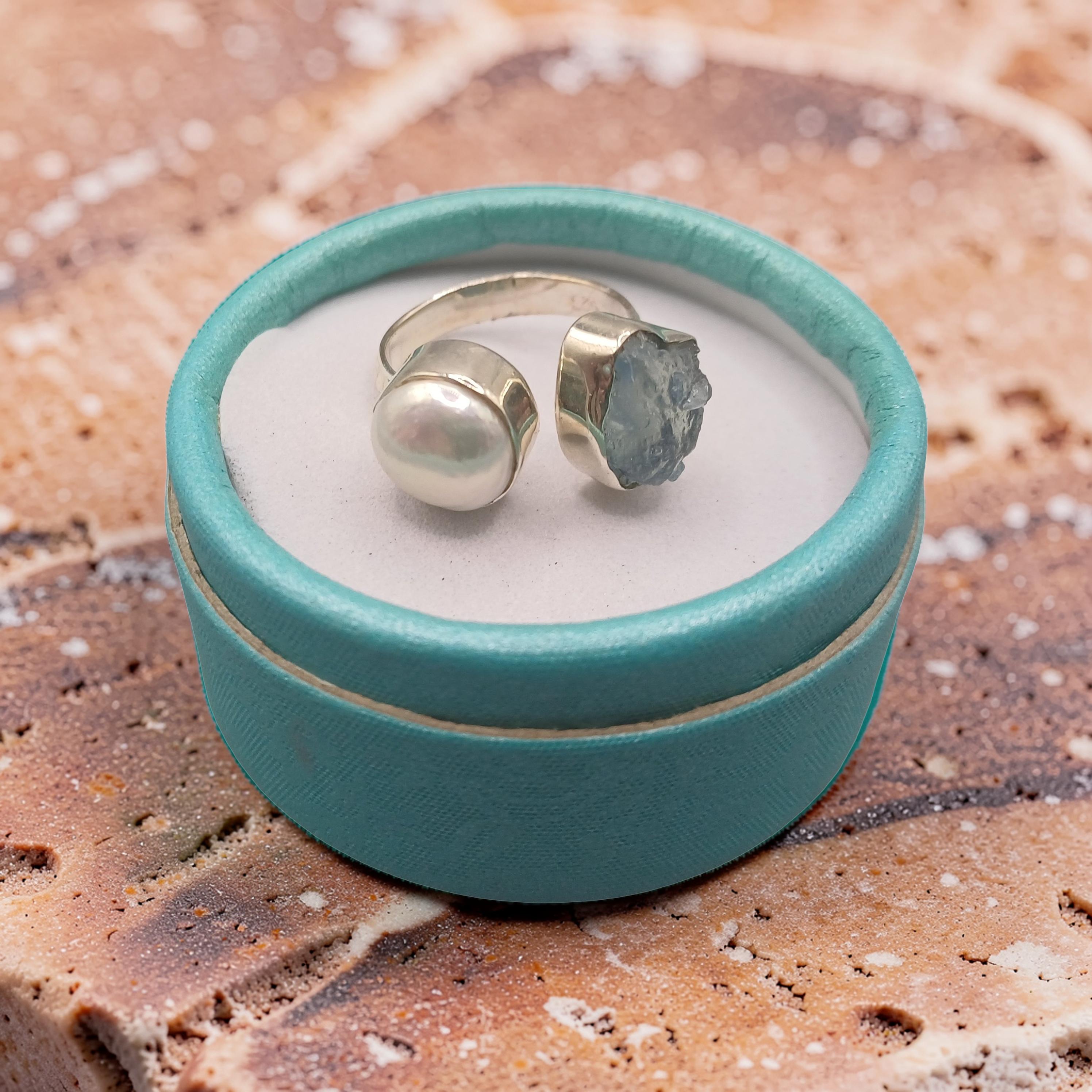 Adjustable Pearl and Aquamarine Silver Ring