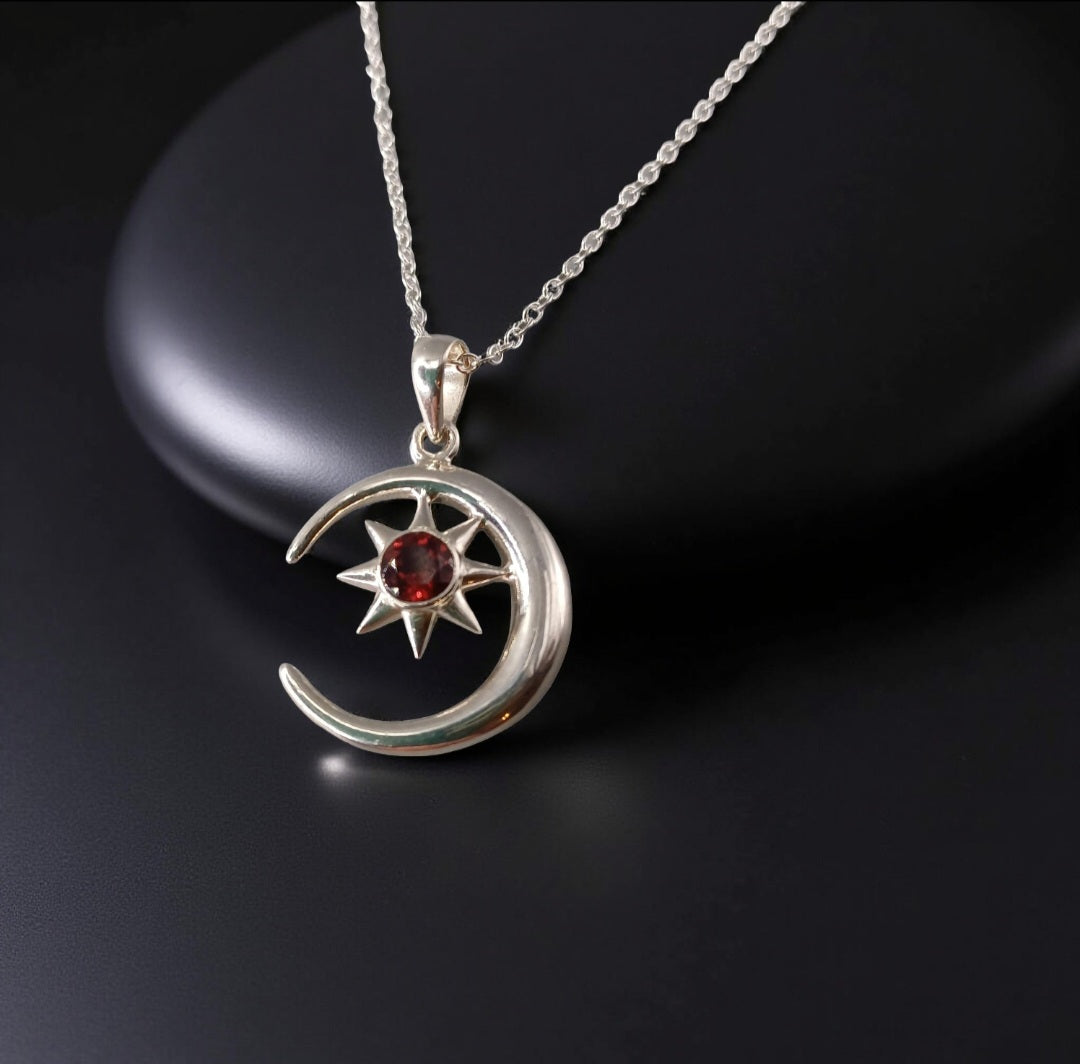 Silver Moon with Garnet Star